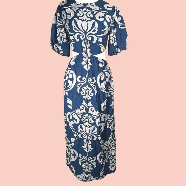 Abercrombie & Fitch Dress XS Blue Waist Cutout Damask Puff Sleeve Maxi Midi Boho - Image 3