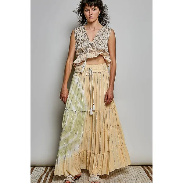 POL Shimmer Pattern Deep V Tie Front Tassel Ruffle‎ Hem Sleeveless Crop Top - M - Image 6