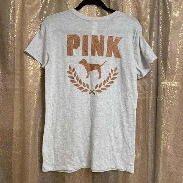PINK Victorias Secret Rosegold Gray Glitter Logo T-Shirt, M NWT - Image 2
