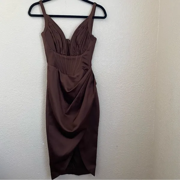 House of CB Faye Satin Pleated Midi Dress Size XS brown‎ $269 NWOT - Image 4