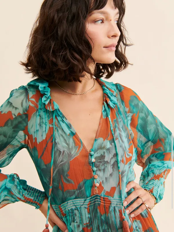 Anthropologie The Marais Printed Tiered Teal Floral Maxi Dress Boho Floral XS - Image 10