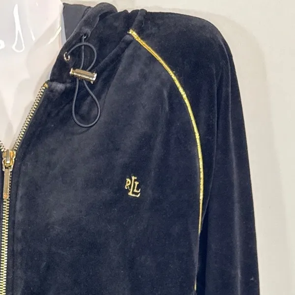 Lauren Ralph Lauren Velvet Zip Up Hoodie Jacket‎ Black Gold RL Logo Women XL - Image 2