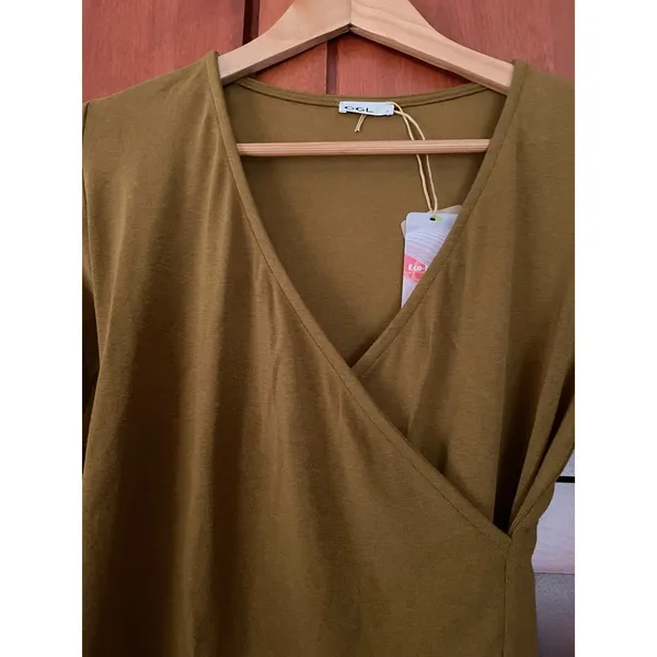 OGL Surplice Top Asymmetrical Hem Eco Mousse Brown Size Small NEW - Image 2