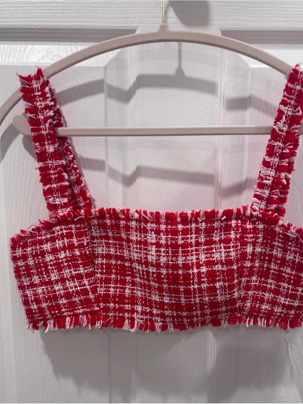 Self Portrait Red & White Boucle Square-Neck Crop Top size 6 - Image 11