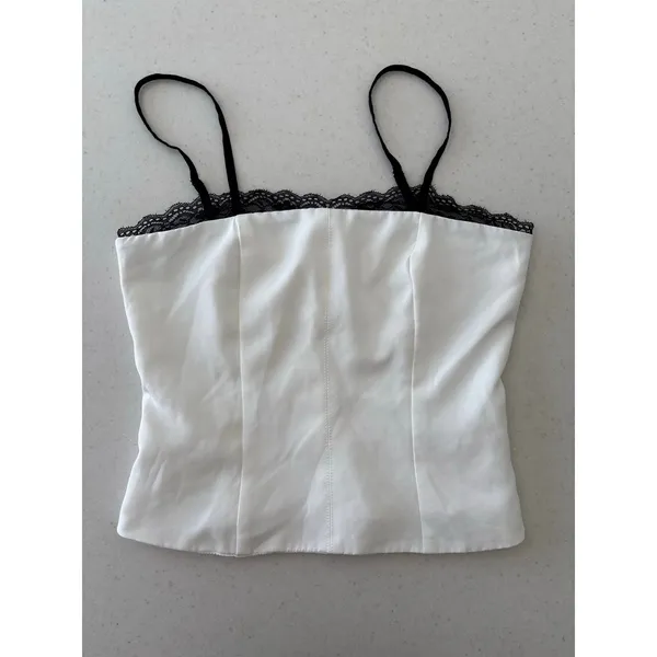 White Satin Lace Trim Cami Top Women’s Adjustable Straps Y2K Minimalist - Image 2