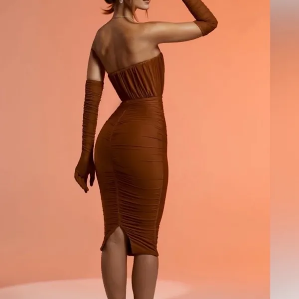 OH POLLY Cari Strapless Ruched Midi Midaxi Dress Copper Brown Size 4 NEW - Image 2