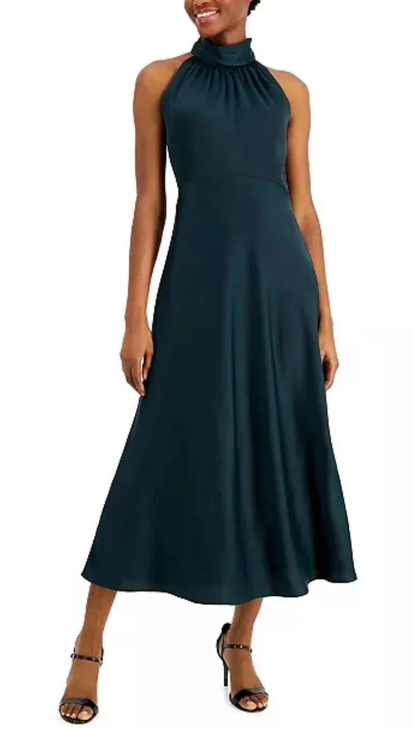Satin Midi Halter Dress Green Size 2 - Image 2