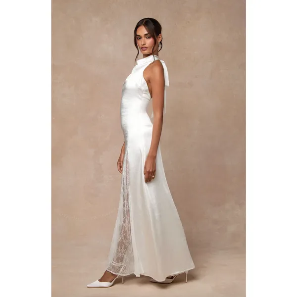 Lulus Concetta Ivory Satin Lace Halter Maxi Dress Wedding Bridal Small NWT - Image 6