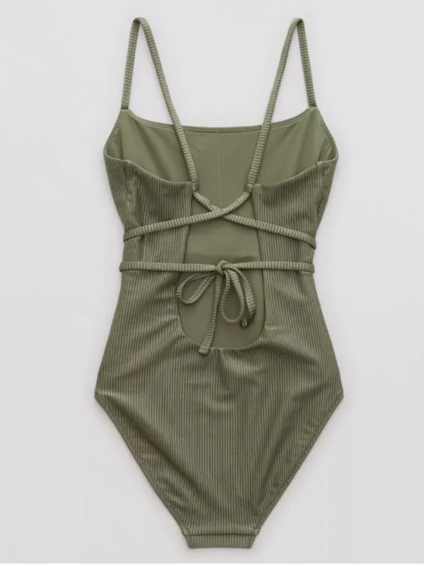 Aerie Shine Ribbed Strappy Scoop Olive Green One Piece Wrap Around Tie Swimsuit - Image 2