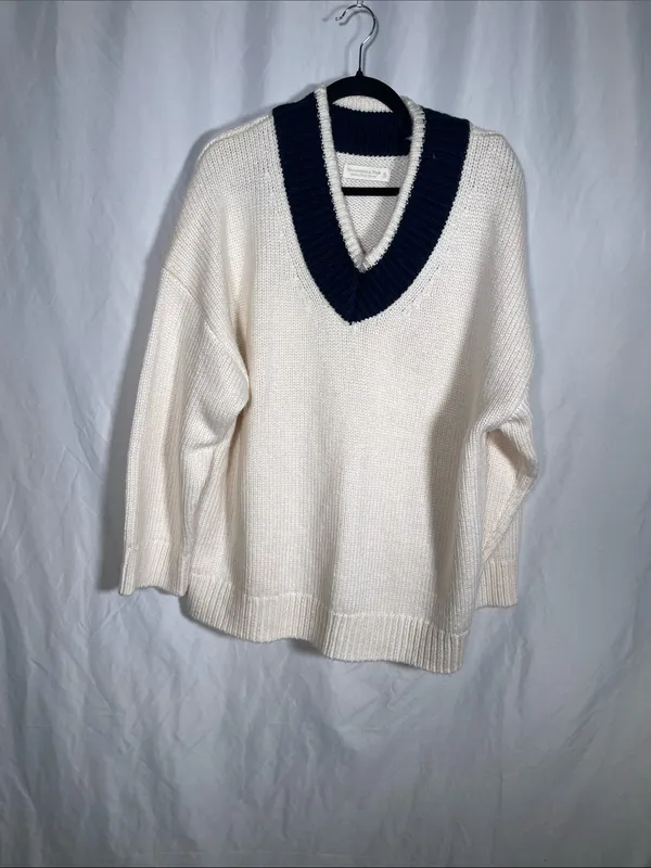 Abercrombie & Fitch Womens Merino Wool Chunky V Neck Sweater Ivory Navy Blue Xl - Image 2