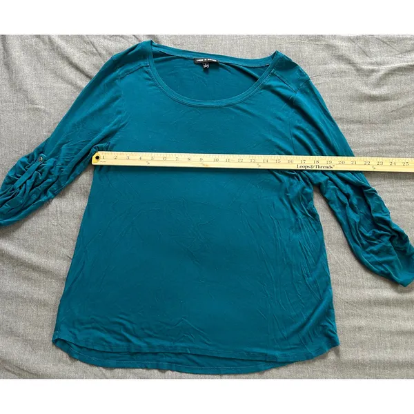 Cable & Gauge Teal Blue Ruched Button Tab Sleeve Scoop Neck Top Large - Image 9