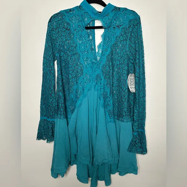 NWT Free People Tell Tale Ocean Blue Lace Tunic Top Dress XS - Image 4