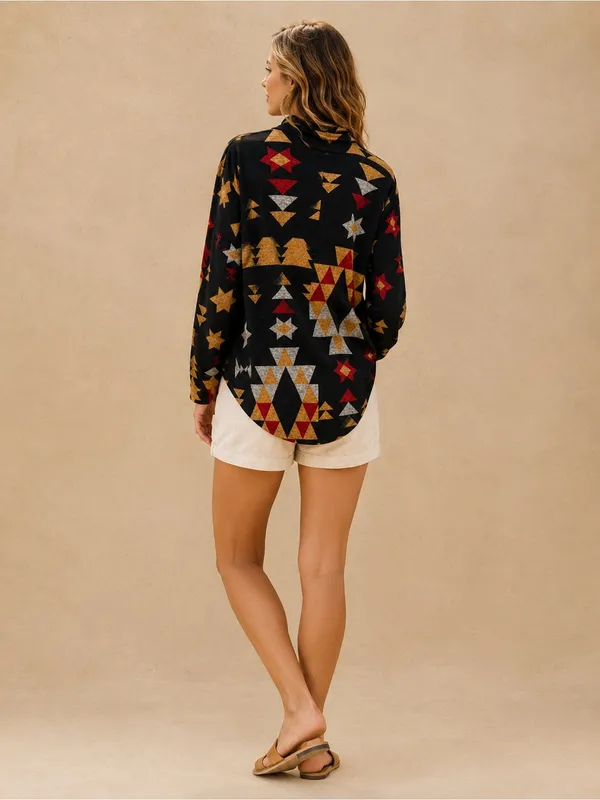 LuLaRoe Black Geometric Aztec Print Boho Oversized Drop Shoulder Knit Turtleneck - Image 8