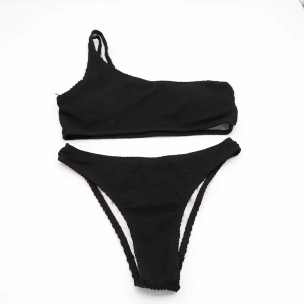 2 Piece Bikini Set Womens Small Black Textured One Shoulder Swimsuit Beachwear - Image 2