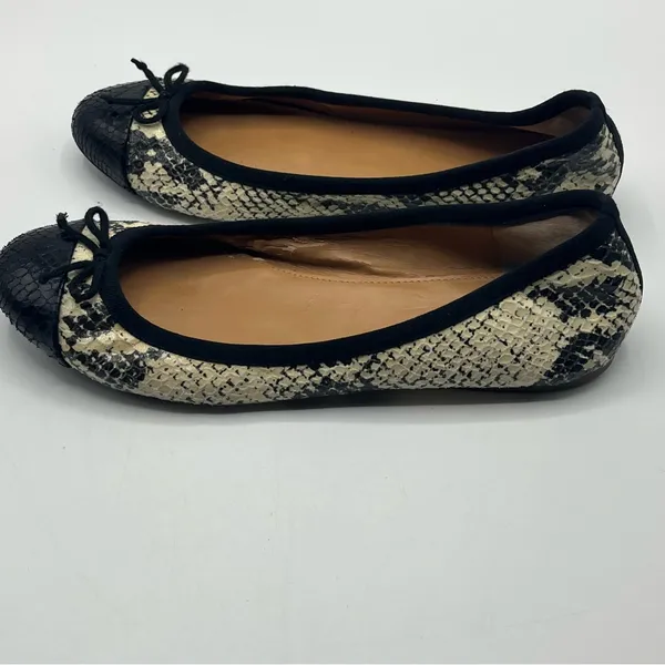 J Crew Factory Sz 7 Ballet Flats Slip On Shoes Snakeskin Print Black Cream - Image 6