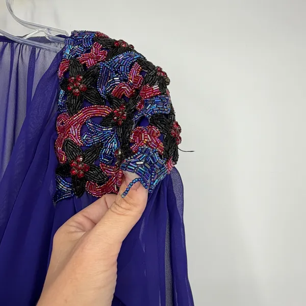 Vintage 1982 Casadei Purple Beaded Chiffon Draped Cocktail Dress Size 10 - Image 6