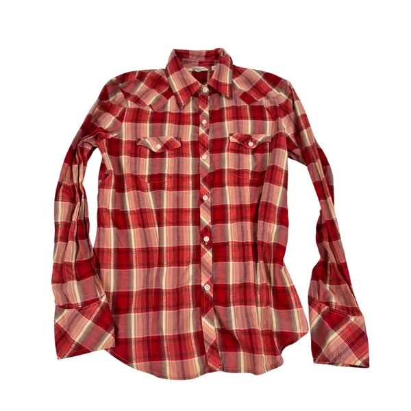 American Eagle Outfitters Red Plaid Western Sheer Button Down Shirt Small - Image 2