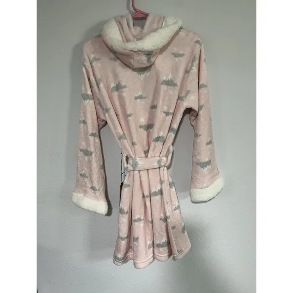 Bear Paw Pink Plush Hooded Sherpa Trim Robe, Women's M Two Pockets Belted NWT - Image 4