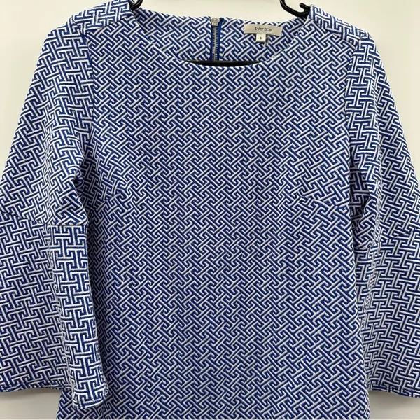 Tyler Boe Royal Blue & White Grecian Geometric Bell Sleeve‎ Sheath Dress Size S - Image 2