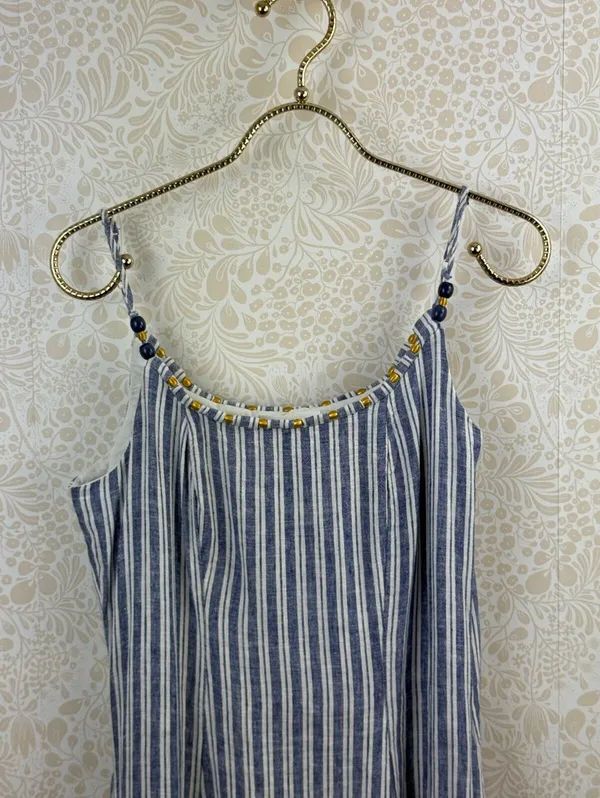 Calypso St. Barth Linen Blue White Striped Beaded Strap Maxi Dress - Size - XS - Image 9