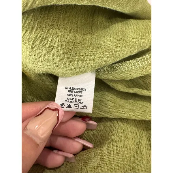 Olive Green Smocked Romper Puff Sleeve Rayon Mini Dress Look Size M - Image 8