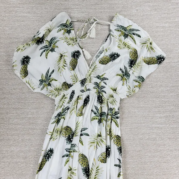 Blue Island Tropical Maxi Dress Sz L Pineapple Palm Print Rayon Tiered Open Back - Image 14
