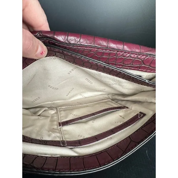 GUESS Handbag Shoulder Bag Y2K Purse Plum Alligator Skin‎ Style Silver Chain - Image 5