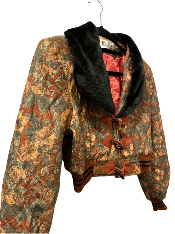 Vtg 80s 90s Kofoo Cropped Tapestry Bomber Jacket Faux Fur Collar Floral Size S/M - Image 7