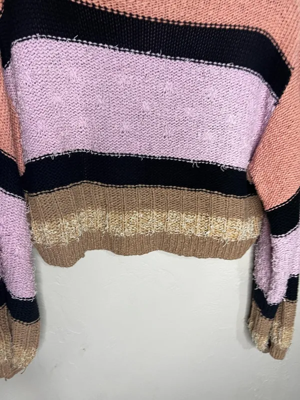 Urban Outfitters Beau Boat neck Striped Colorblock‎ Knit Textured Ballon Sleeve Crop Sweater - Image 6