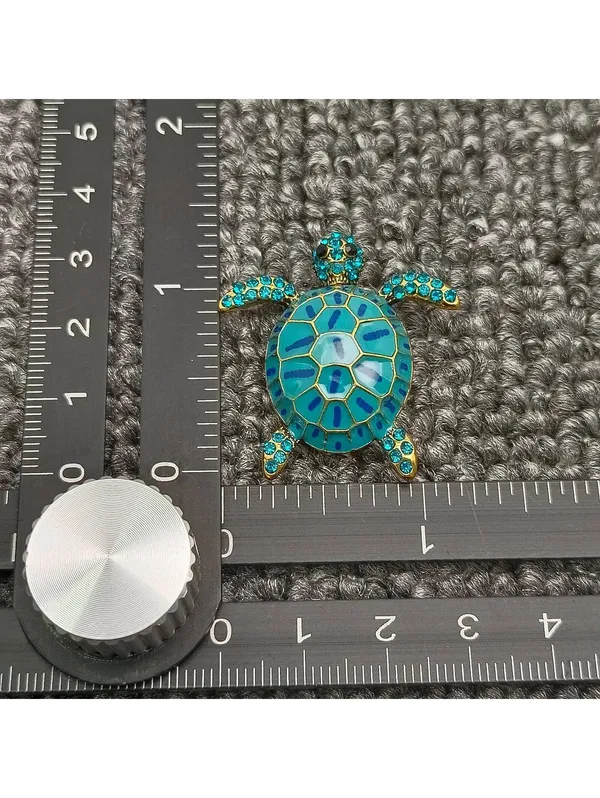 Turquoise Blue Turtle Brooch with Rhinestone Accents - Image 2