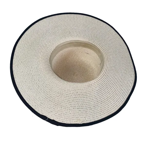 Wide‎ Brim Paper Straw Sun Hat Beige Black Organza Ribbon Bow Adjustable - Image 5
