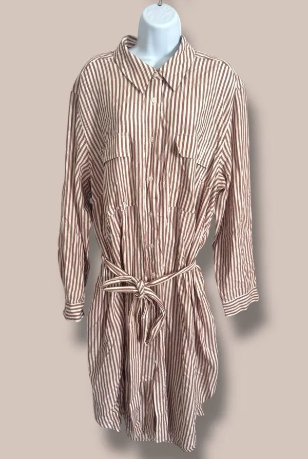 Ava & Viv™ Women's Long Sleeve Midi Shirtdress - Brown Striped XXL NWT - Image 4