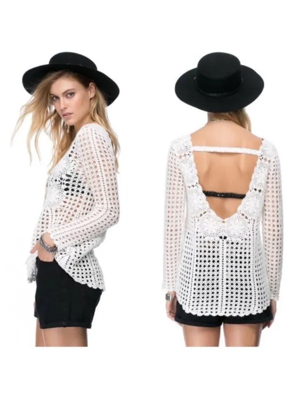 Free People Long Sleeve Filet Crochet Pullover Knit Sweater Tunic Medium - Image 2