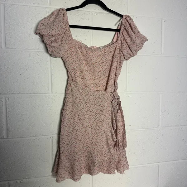 Princess Polly Pink Floral Puff Sleeve Faux Wrap Ruffle Mini Dress US 2 - Image 2