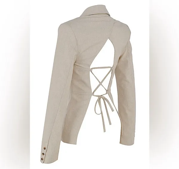 House Of CB Mistress Rocks Beige White Open Back Lace Up Suit blazer Jacket Top Blouse Shirt - Image 7