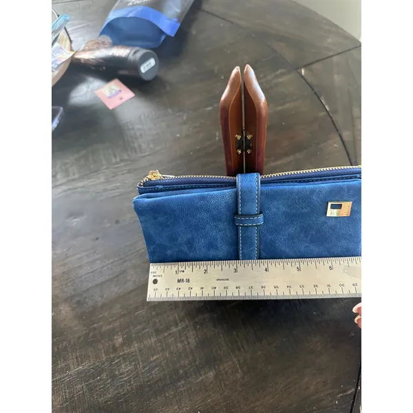 Friend Blue Faux Suede Long Bifold Wallet Gold Tone Hardware Zipper Pocket - Image 7