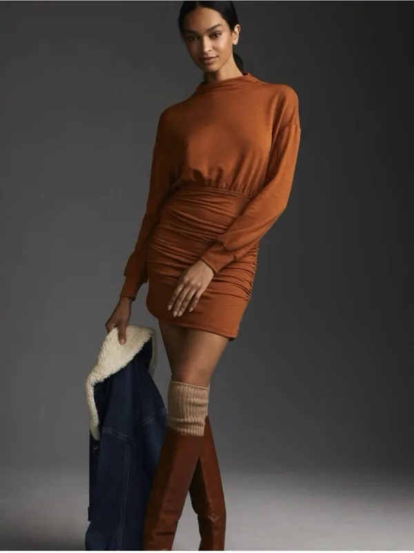 NWT Anthroplogie Daily Practice Ruched Cozy Dress Medium Brown Long Sleeve Fall - Image 2