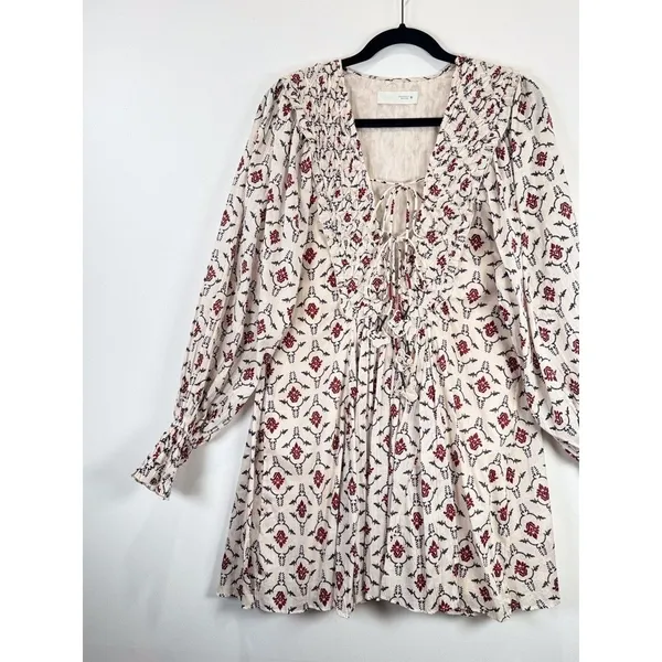 ZARA Mini Dress Beige Floral Puff Sleeve V Neck Lace Up Ruffle A Line Boho XS - Image 7