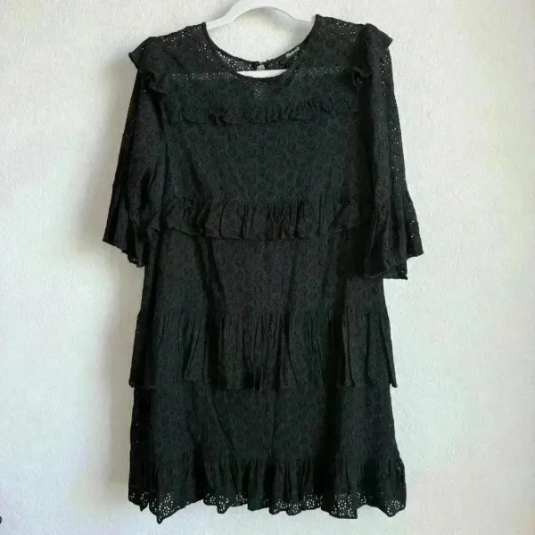 Madewell Women’s Black‎ Eyelet Waterlily Tiered Ruffle Boho Mini Dress Size 10 - Image 14