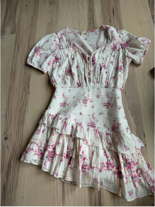 LoveShackFancy Cream Mini Dress with Pink Floral Print - Image 5