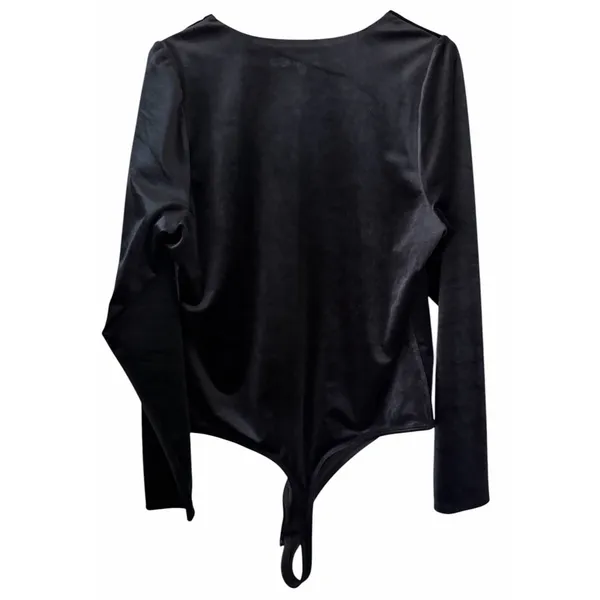 Good American Plunge Neck‎ Velvet Long Sleeve Bodysuit Black Women's Size 4 - Image 2