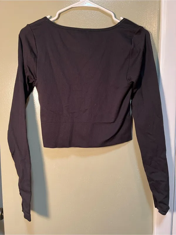 Athleta Womens Size Small Aurora Black Long-Sleeve Scoop Crop Top Ribbed Stretch - Image 5