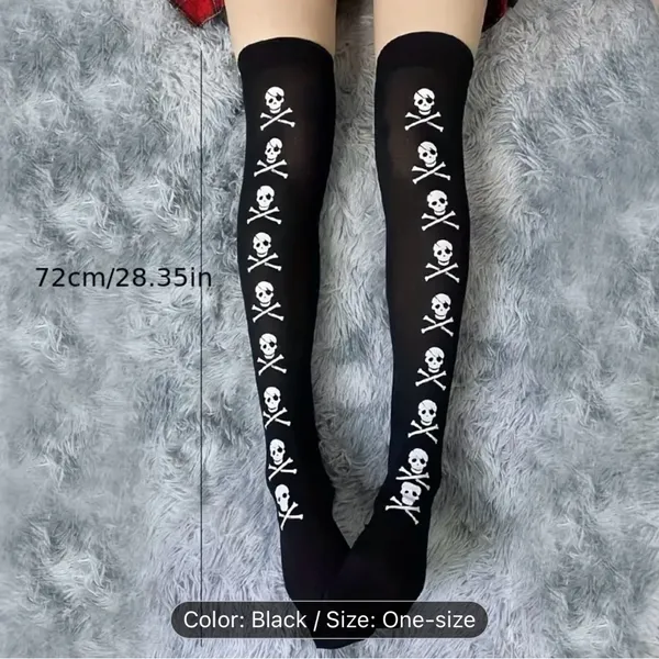 Skull Print Thigh High Socks, Cosplay Over The Knee Socks One‎ Size - Image 8