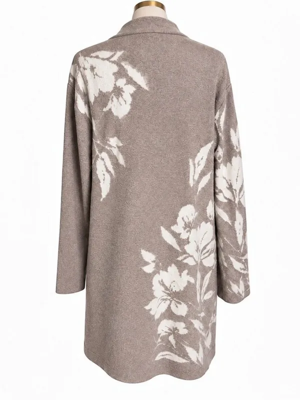 Joie XL Floral Intarsia Longline Cardigan Taupe Ivory Open Front Sweater - Image 2