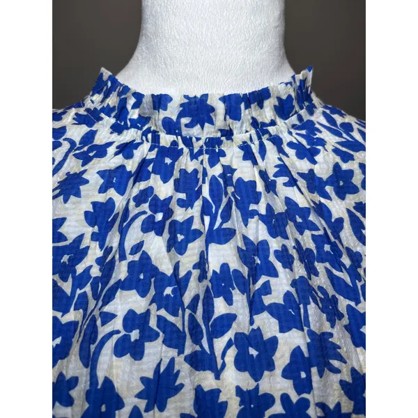 THML Anthropologie XL Blue White Floral Tiered Babydoll Dress Pink Pom Pom Trim - Image 5