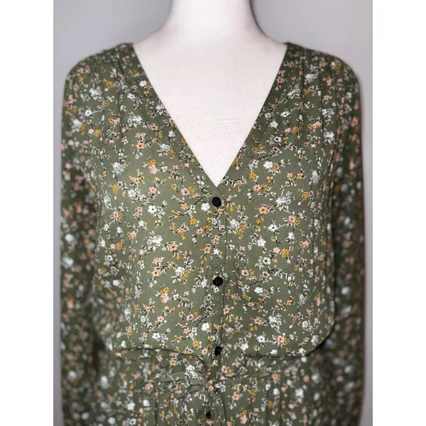 Gap cottagecore‎ Olive Green Ditsy Floral Button Front Long Sleeve Mini Dress - Image 2