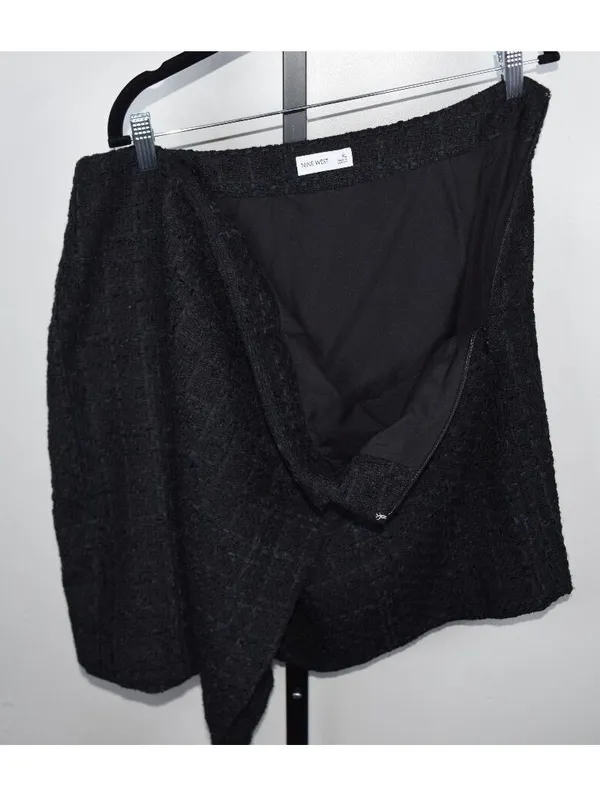 Nine West Black Tweed Boucle Mini Skirt XL Gold Button Zip Career Chic - Image 5