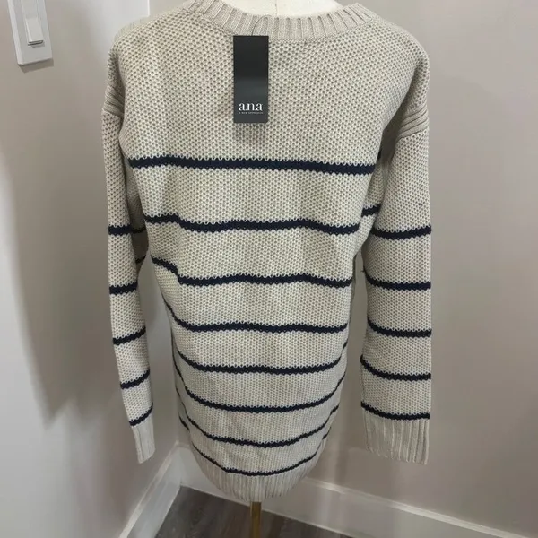 ANA A New Approach Striped Crew Neck Sweater Oatmeal Navy Blue Medium NWT‎ - Image 3