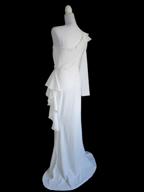 White Asymmetrical Ruffled Fitted Gown Size L - Image 2