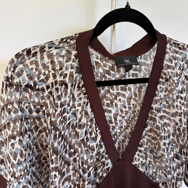 Y2K Brown Office Siren Fitted Top Sheer Short Sleeve Babydoll Career Large - Image 2
